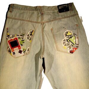 MISKEEN Jeans  Vintage  38 x 34  Light Wash  Embroidered  Baggy  Loose-Fit  GUC